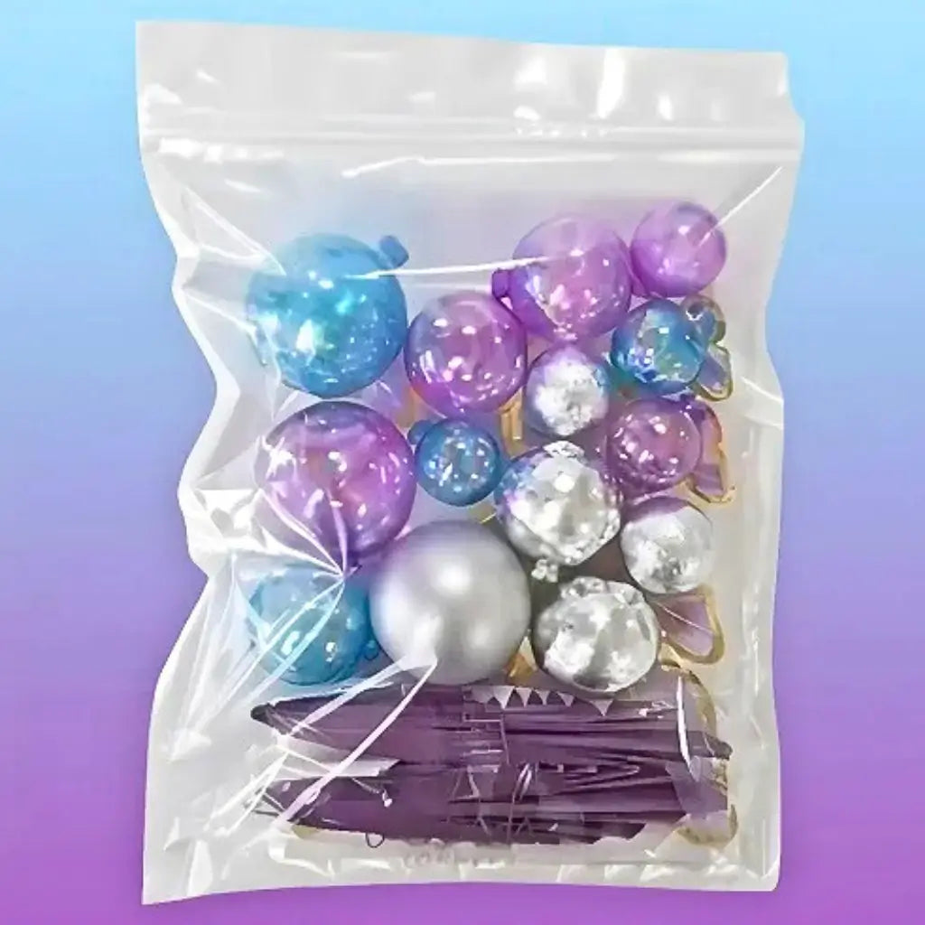 Blue purple silver cake topper set 27-piece with paper fans, foam balls & butterflies