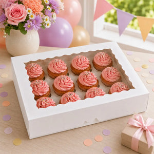 White cupcake box with insert for twelve standard cupcakes.
