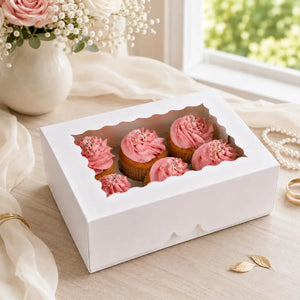 White 6 cupcake gift box for transporting baked treats.