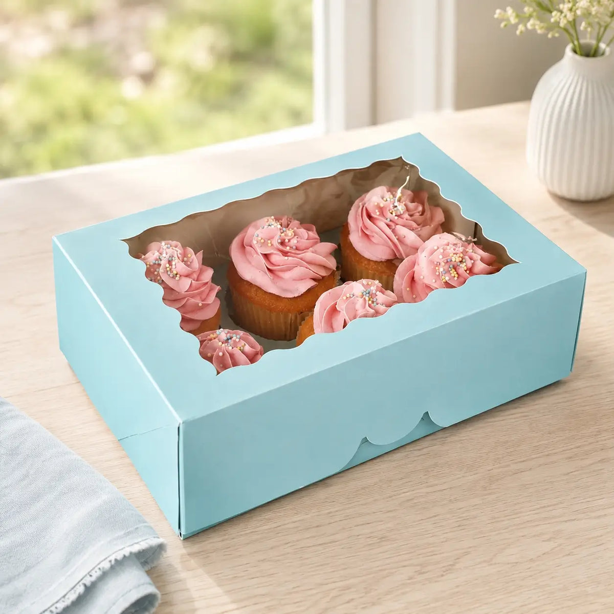 Cake Craft blue six-cupcake box with clear window and insert