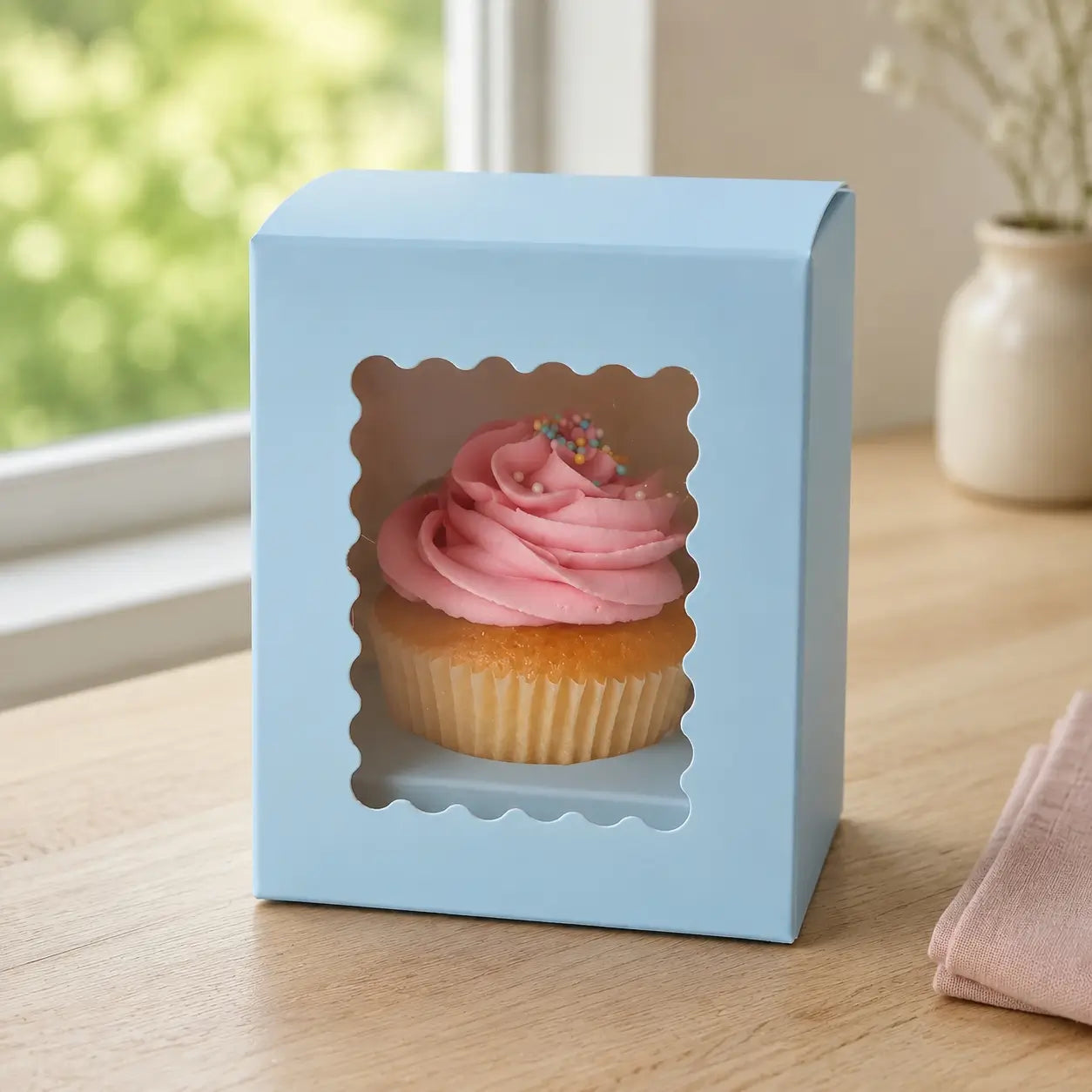 Cake Craft blue single cupcake box with clear scalloped window