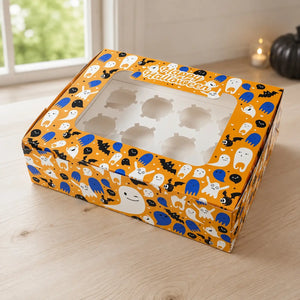 Halloween 12-hole cupcake box decorated with ghosts bats and pumpkins