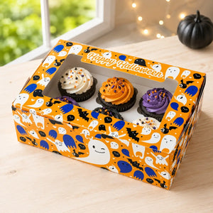 Orange Halloween carrier box for six decorated cupcakes