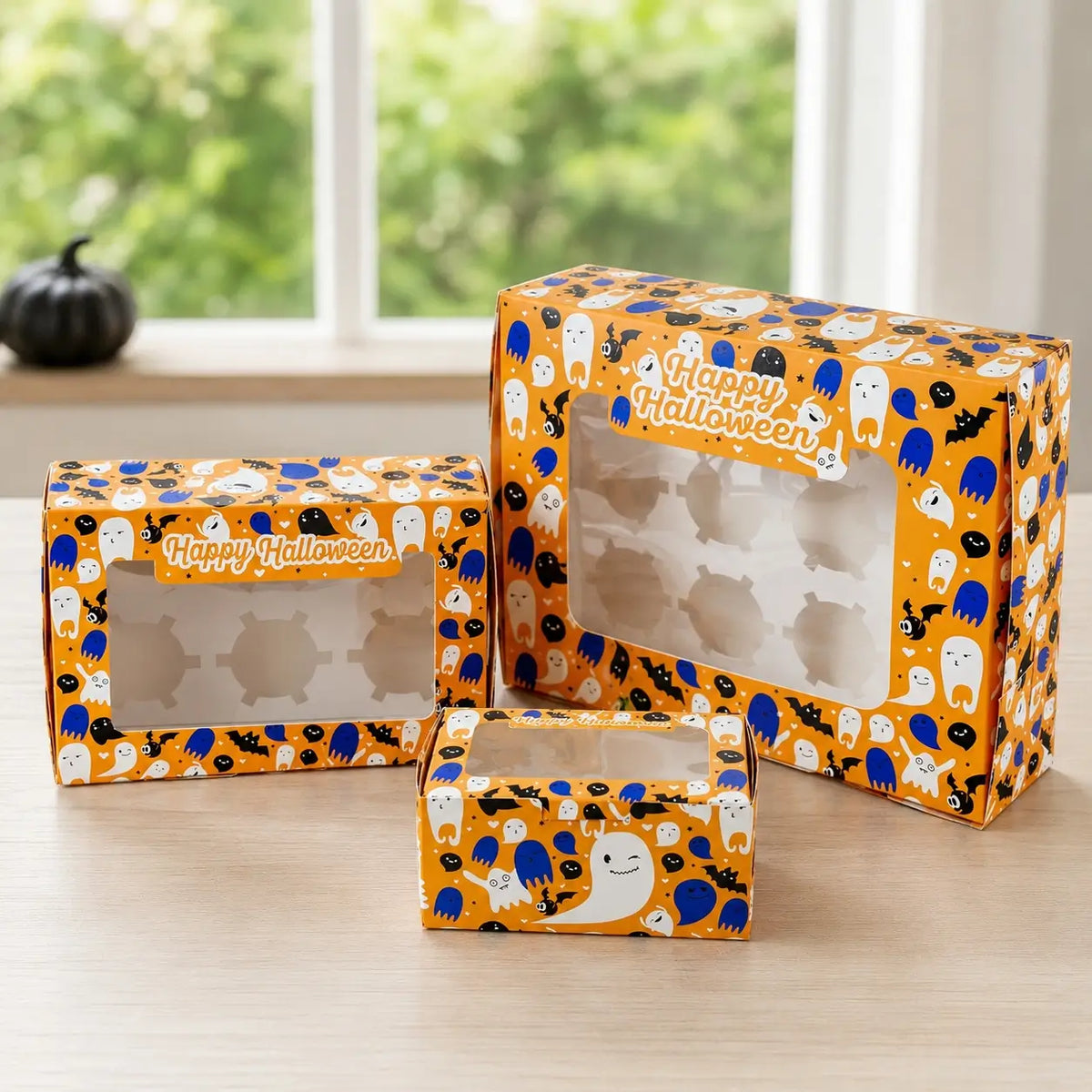 Cake Craft orange Halloween cupcake boxes with clear window and insert
