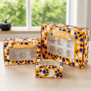 Cake Craft orange Halloween cupcake boxes with clear window and insert