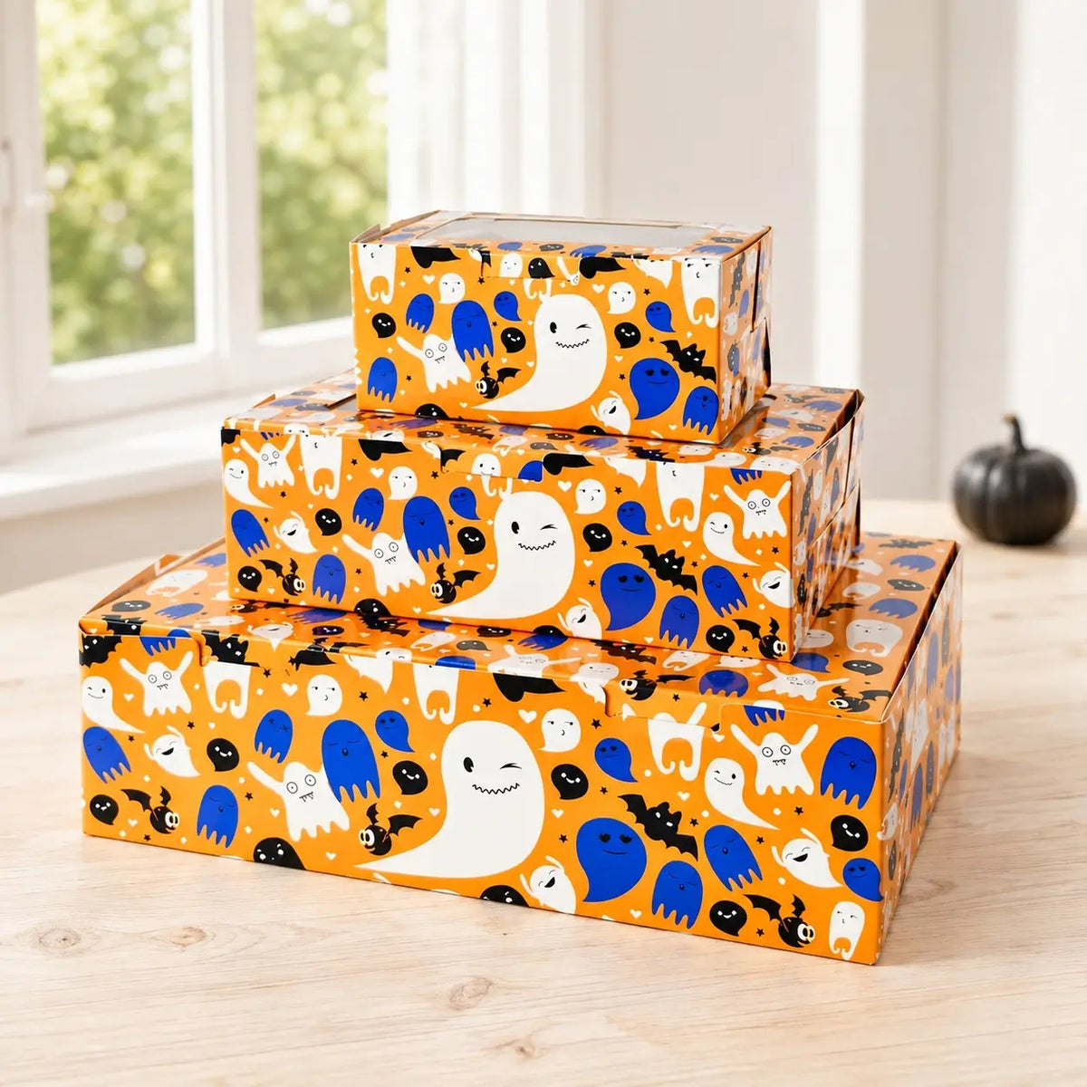 Cake Craft orange Halloween cupcake boxes with clear window and insert