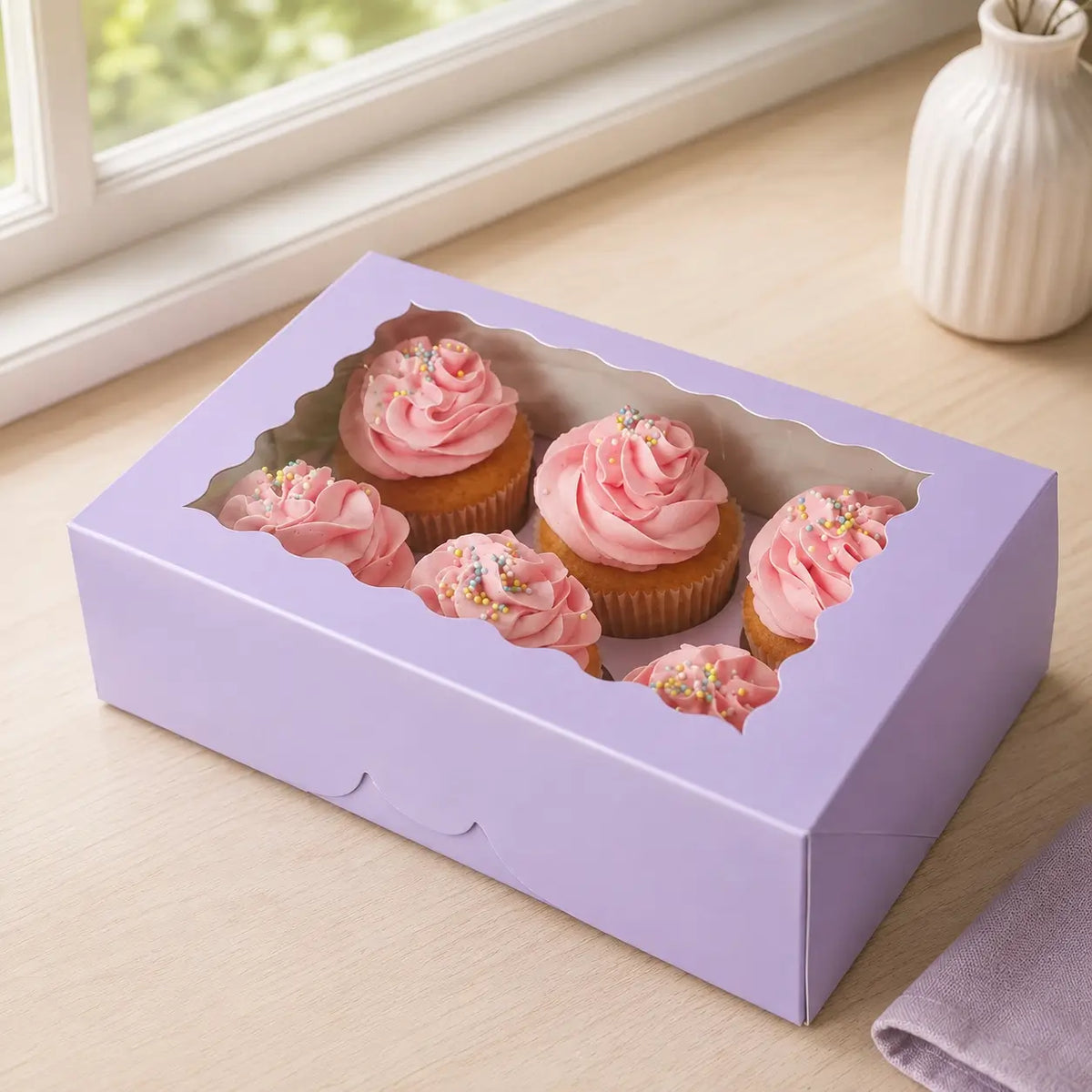 Cake Craft lilac six-cupcake box with clear window and insert