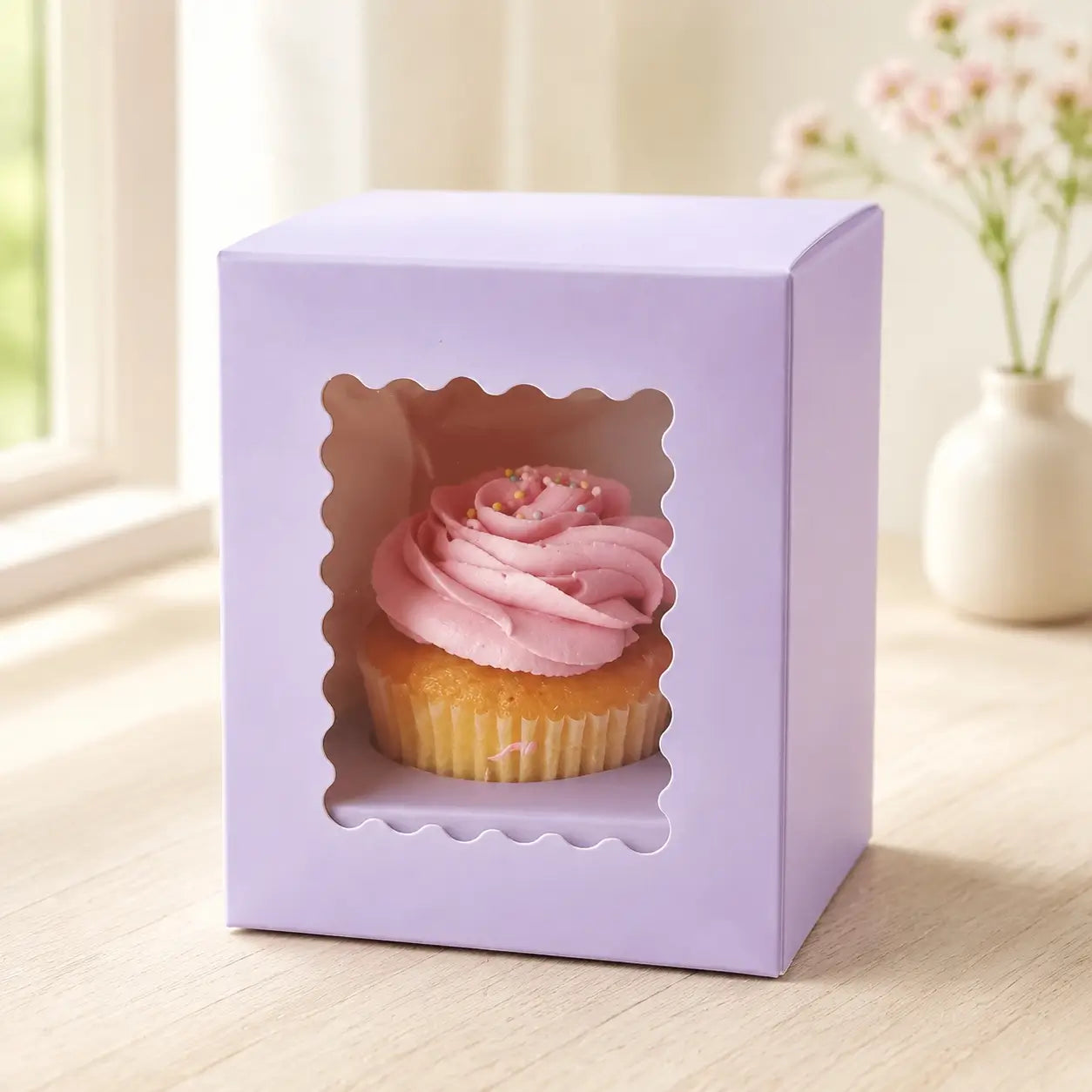 Cake Craft lilac single cupcake box with a clear scalloped window