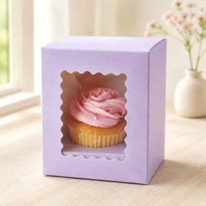 Cake Craft lilac single cupcake box with a clear scalloped window