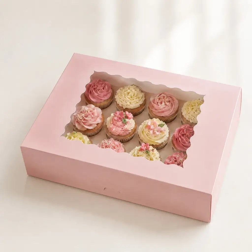 Cake Craft pink 12 cupcake box with clear window and insert