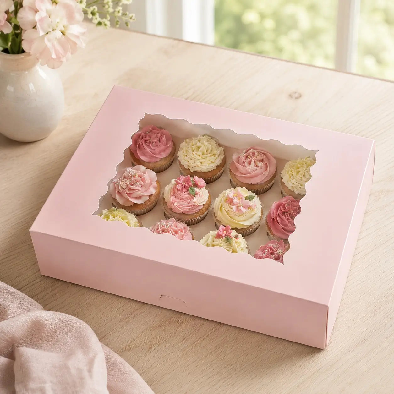 Cake Craft pink 12 cupcake box with clear window and insert