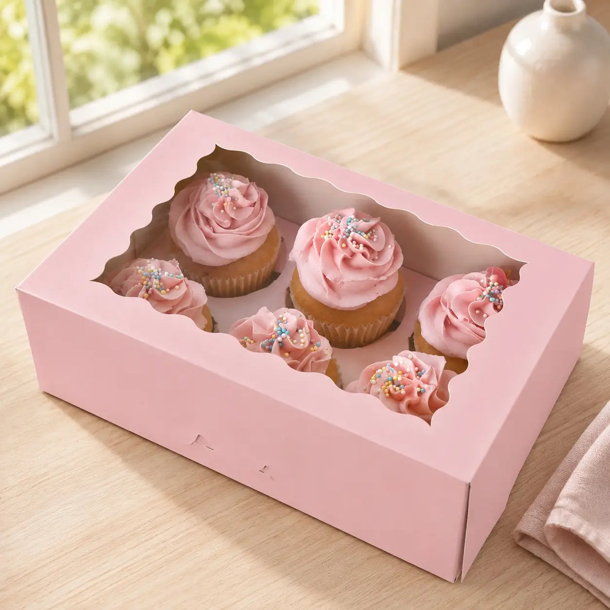Cake Craft pink six-cupcake box with clear window and insert