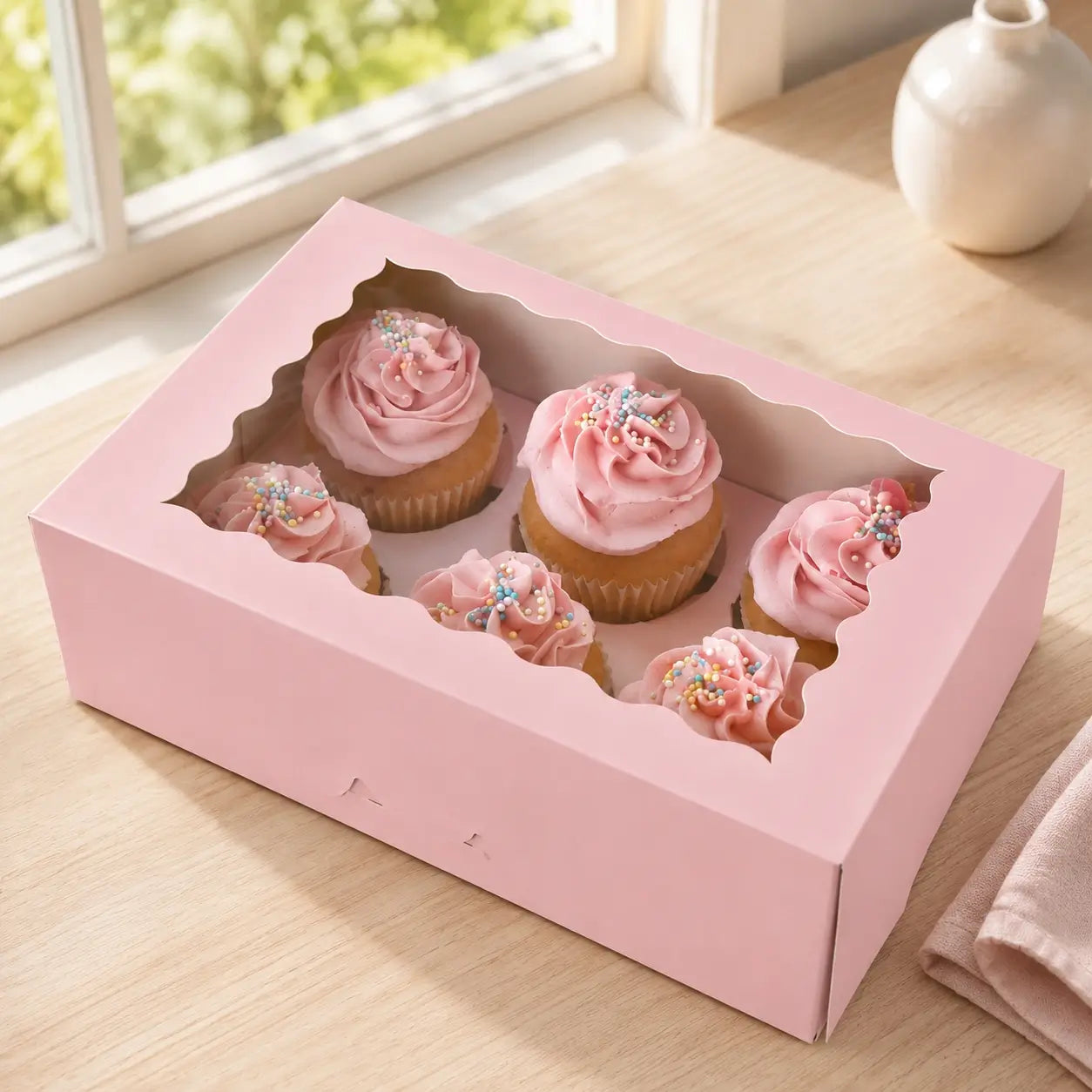 Cake Craft pink six-cupcake box with clear window and insert