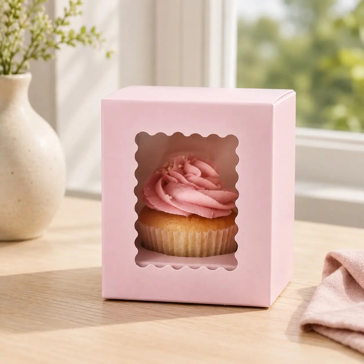 Cake Craft pink single cupcake box with clear window and insert
