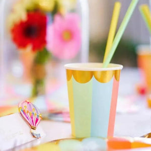 Pastel Rainbow Candy Stripe Gold Edging Paper Cups 8pk