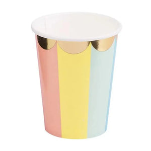 Pastel Rainbow Candy Stripe Gold Edging Paper Cups 8pk