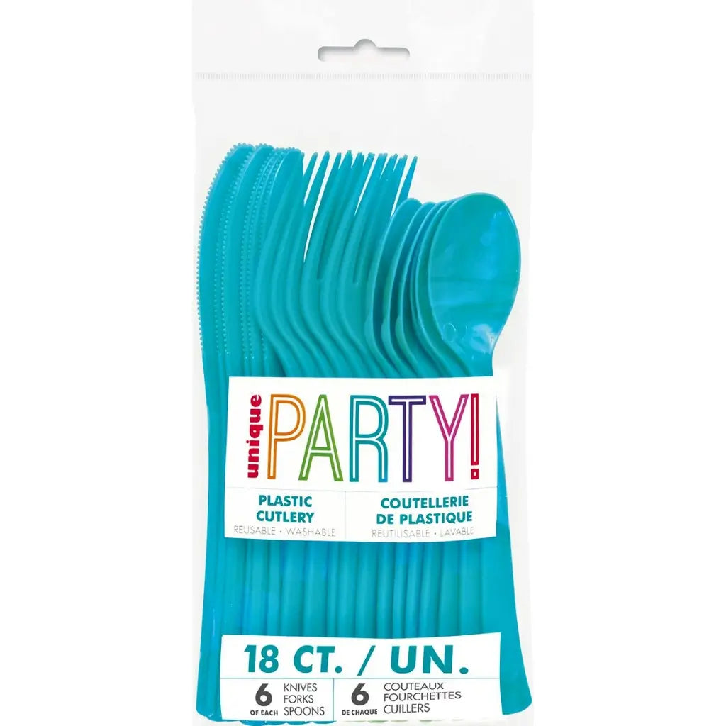 Caribbean teal reusable plastic cutlery set with six knives, six forks and six spoons