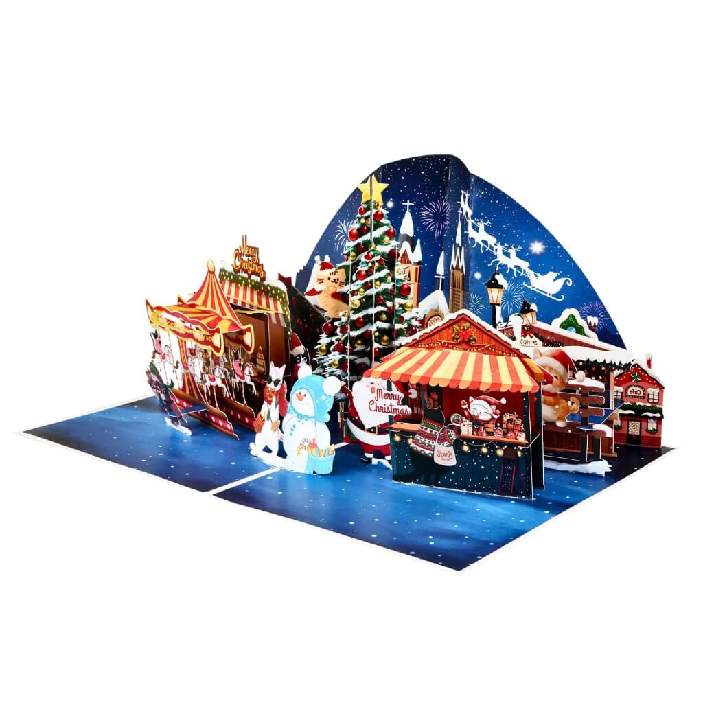 Cat World Snowy Village Winter Wonderland Amusement Park 3D Pop-Up Greeting Card