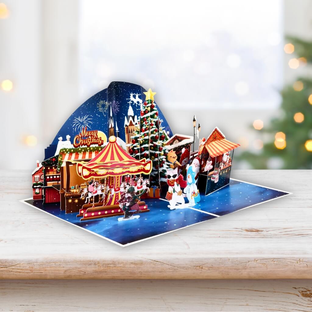 Cat World Snowy Village Winter Wonderland Amusement Park 3D Pop-Up Greeting Card