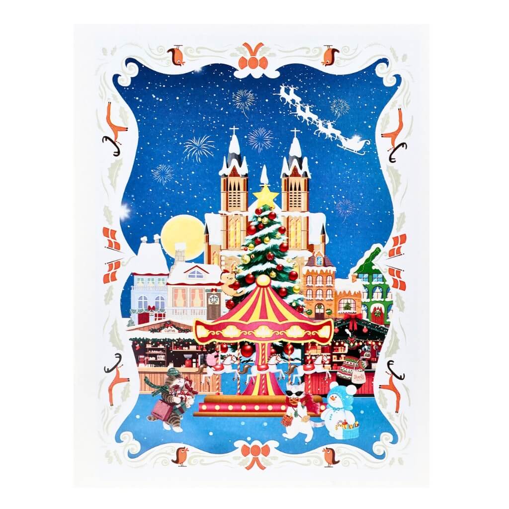 Cat World Snowy Village Winter Wonderland Amusement Park 3D Pop-Up Greeting Card