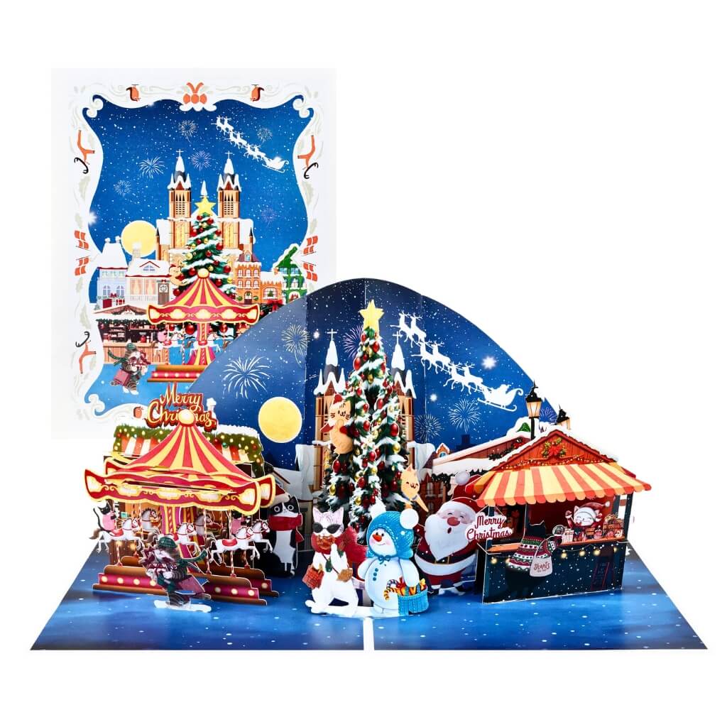 Cat World Snowy Village Winter Wonderland Amusement Park 3D Pop-Up Greeting Card