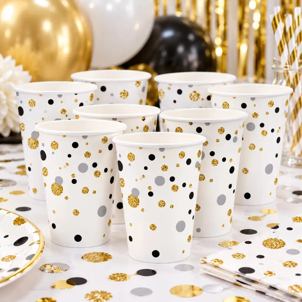 Celebrate paper cup with black, silver and gold confetti dots
