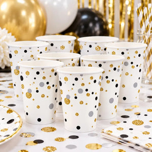 Celebrate paper cup with black, silver and gold confetti dots