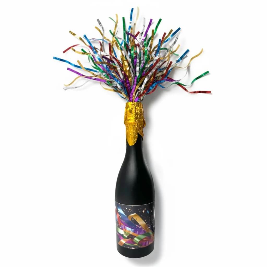 Long rainbow foil confetti bursting from champagne bottle popper