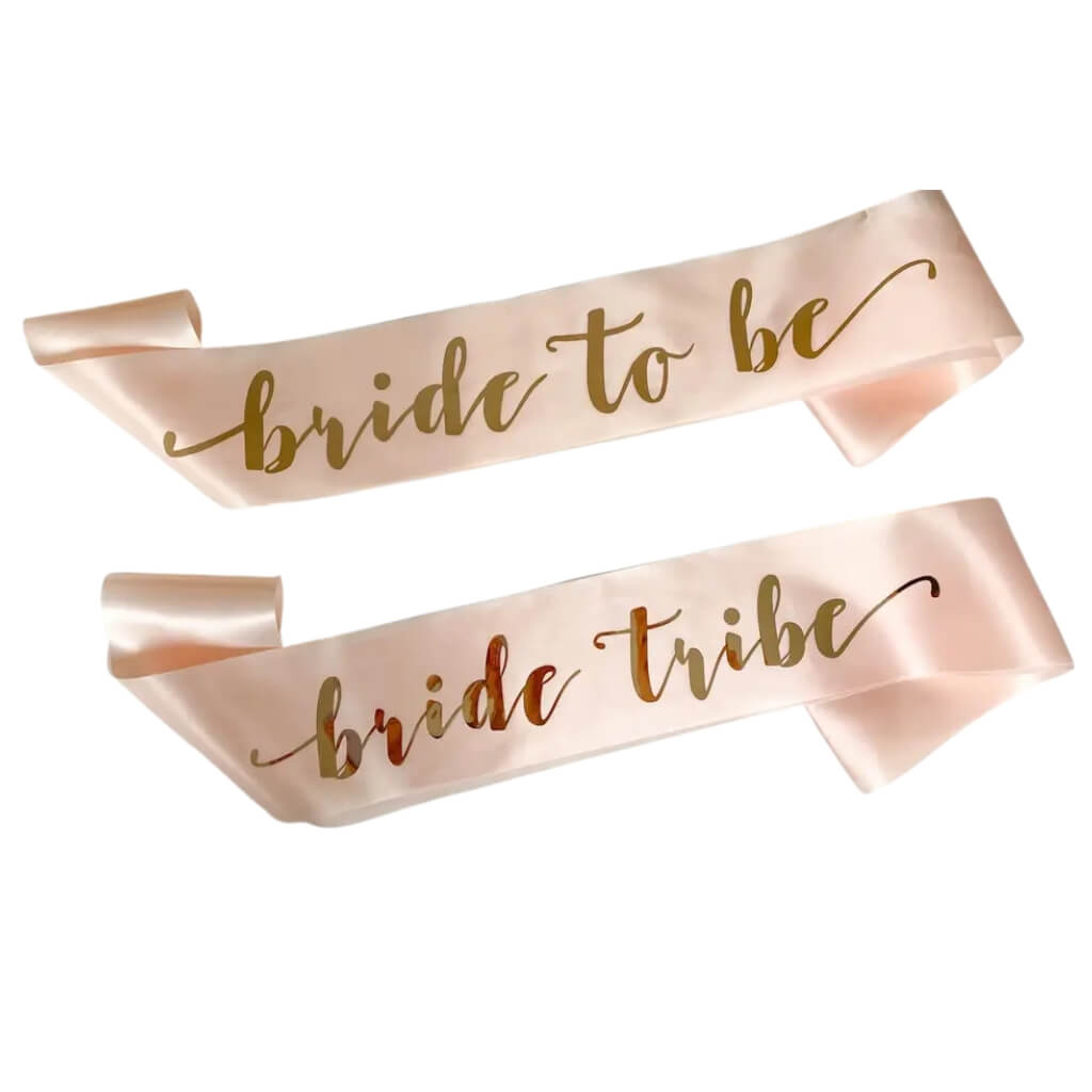 Pack of 7 Champagne Pink ‘Bride To Be’ & ‘Bride Tribe’ Sashes – Rose Gold Foil Print