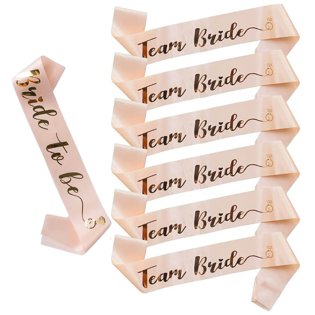 Pack of 7 Champagne Pink ‘Bride To Be’ and ‘Team Bride’ Sashes – Gold Foil with Diamond Ring