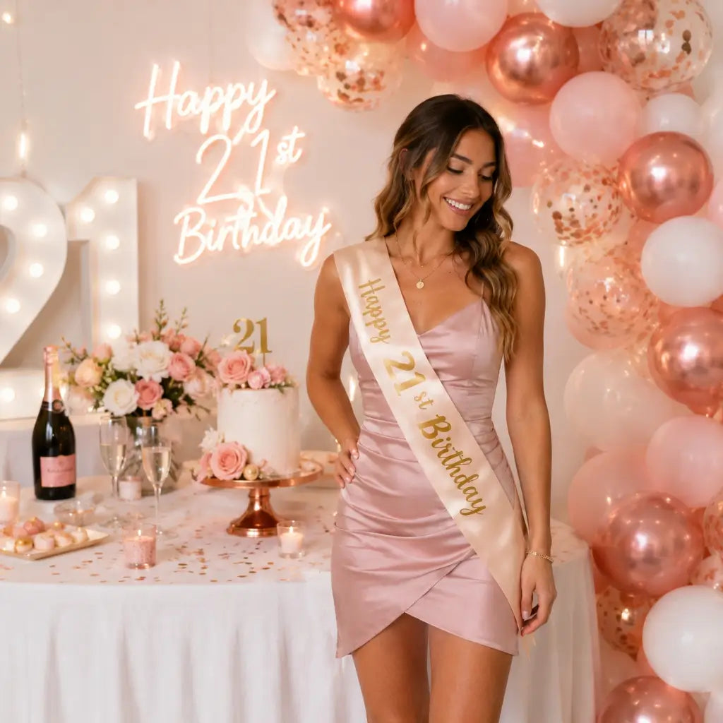 Champagne Pink 'Happy 21st Birthday' Party Sash.