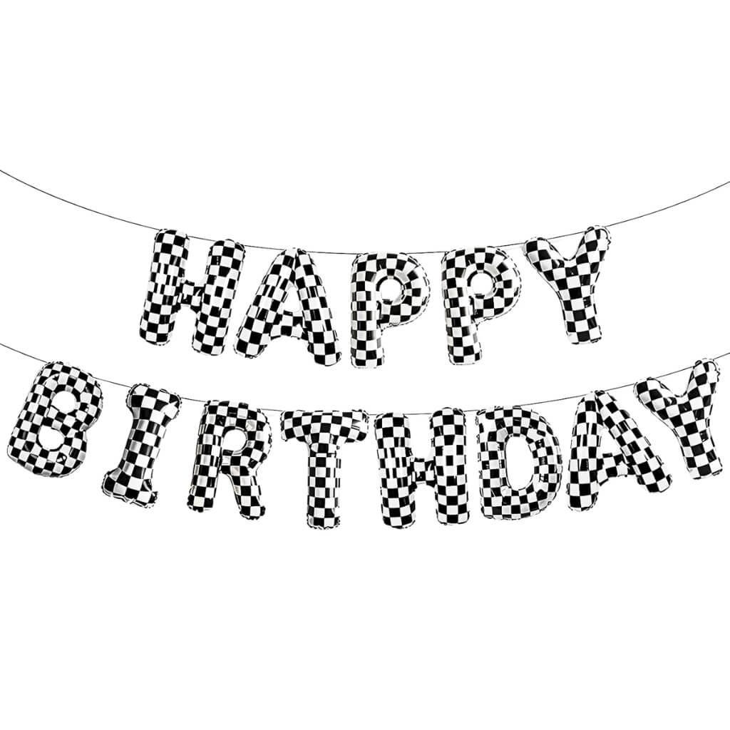 black and white checkered racing happy birthday foil balloon banner for race car party decorations