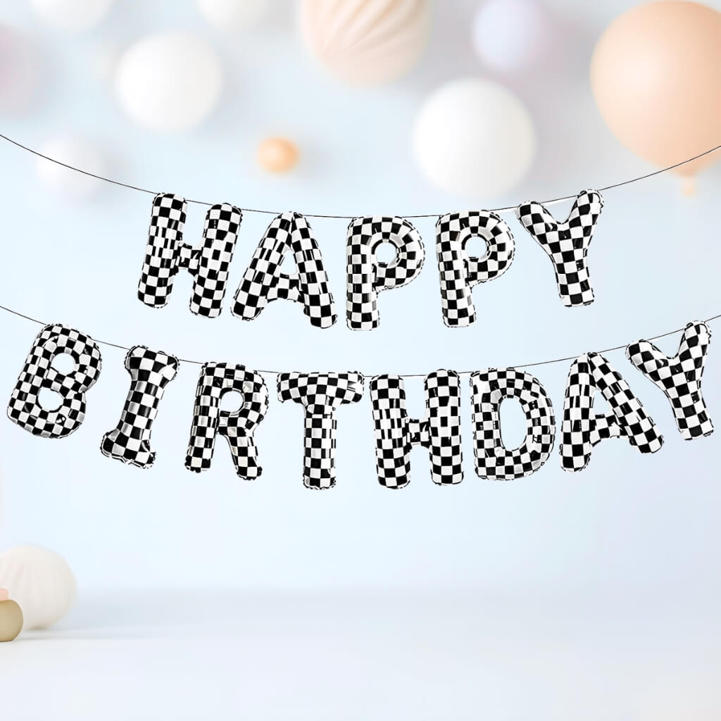 race car themed party decorations with checkered happy birthday balloon letters