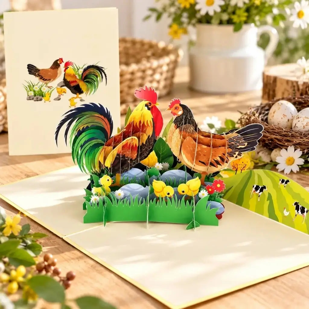 Colourful Chicken Family On a Farm 3D Pop Up Greeting Card