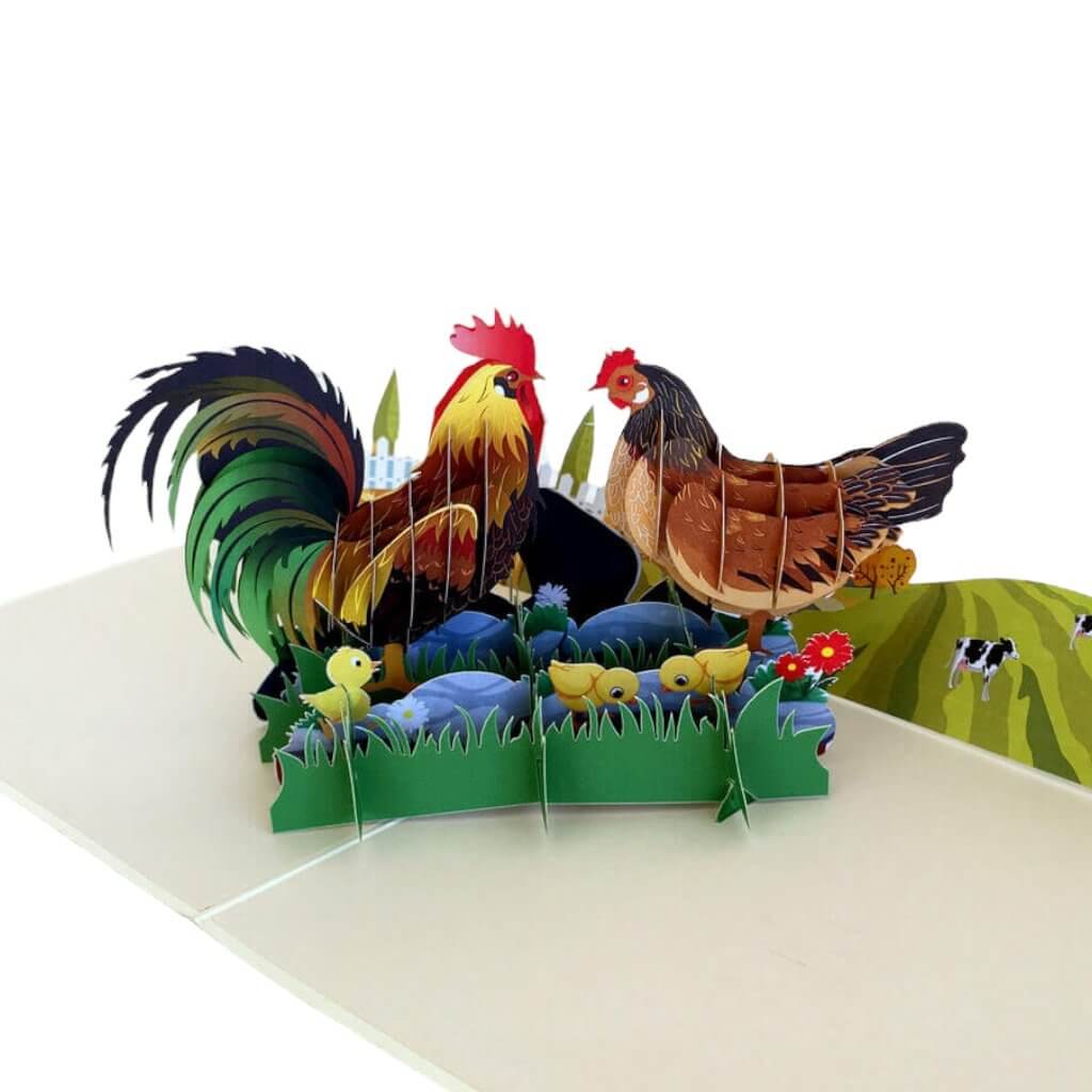Handmade Online Party Supplies Colourful Chicken Family On A Farm 3D Pop Up Greeting Card