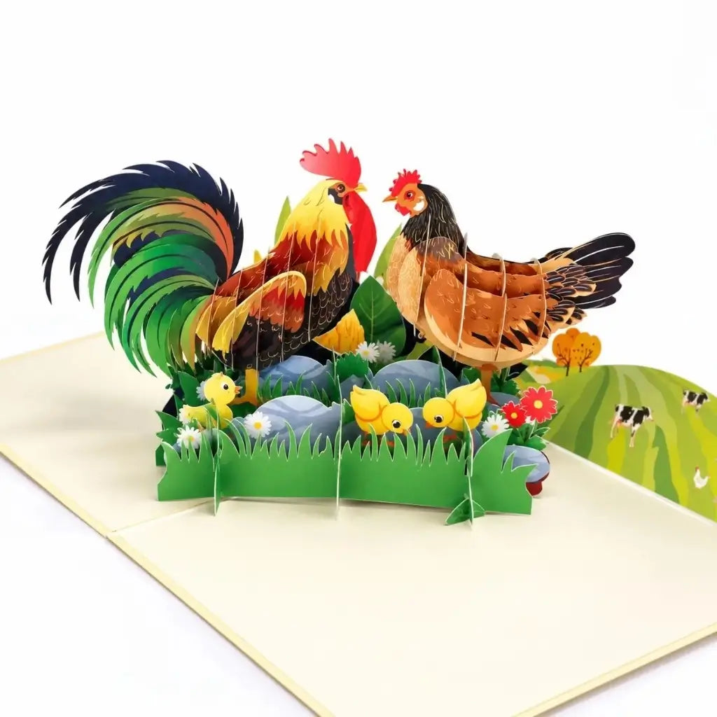 Colourful Chicken Family On a Farm 3D Pop Up Greeting Card