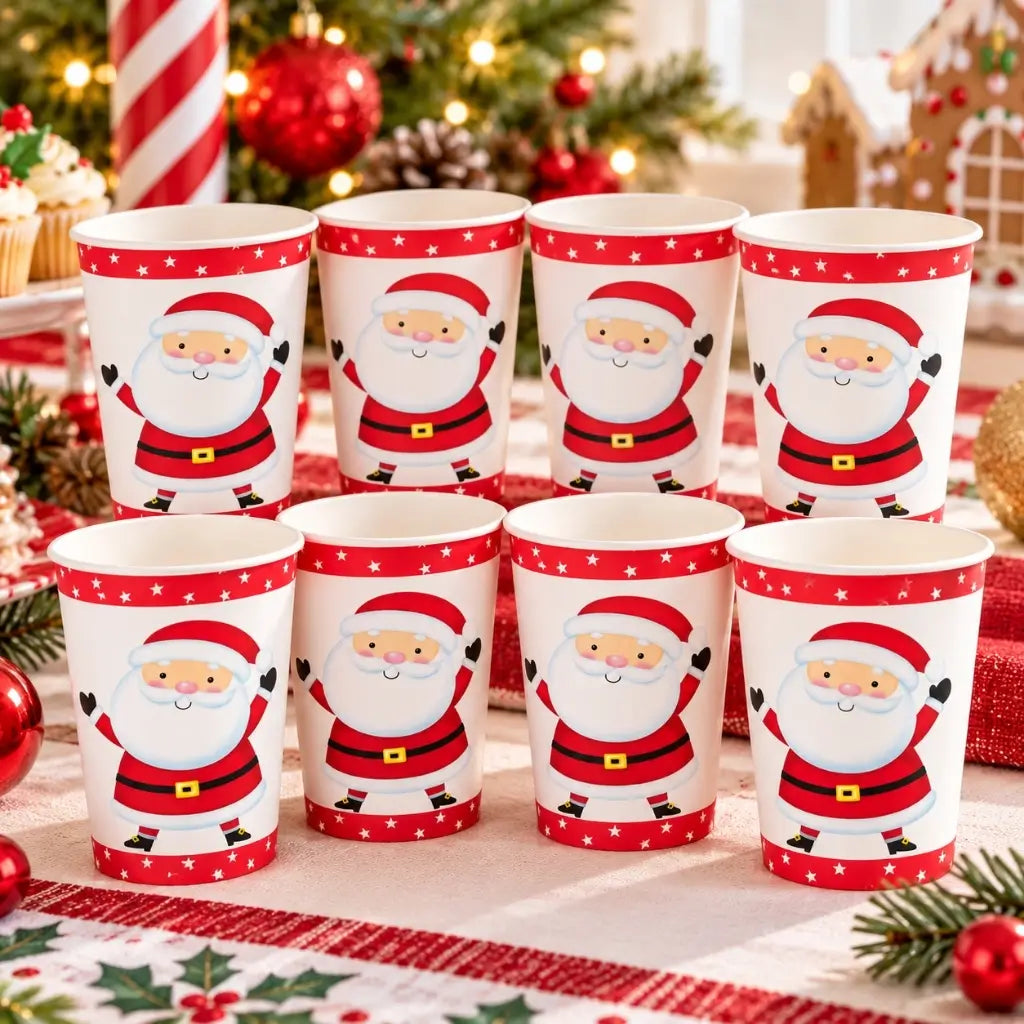 Children’s Christmas party cup featuring a cheerful waving Santa