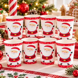 Children’s Christmas party cup featuring a cheerful waving Santa