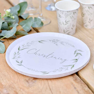 White & Green Christening Paper Plates 8pk