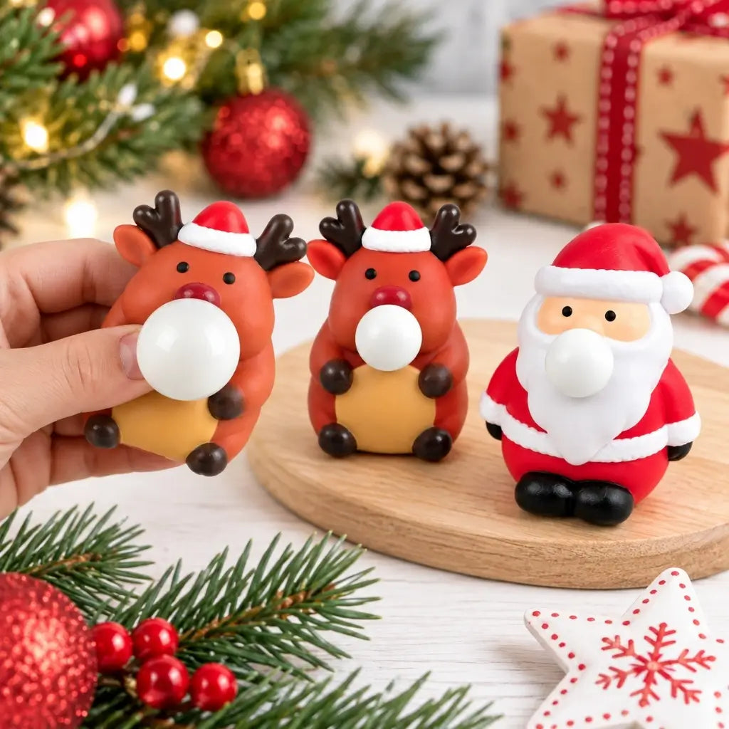 Christmas bubble squish toys in assorted Santa and reindeer designs