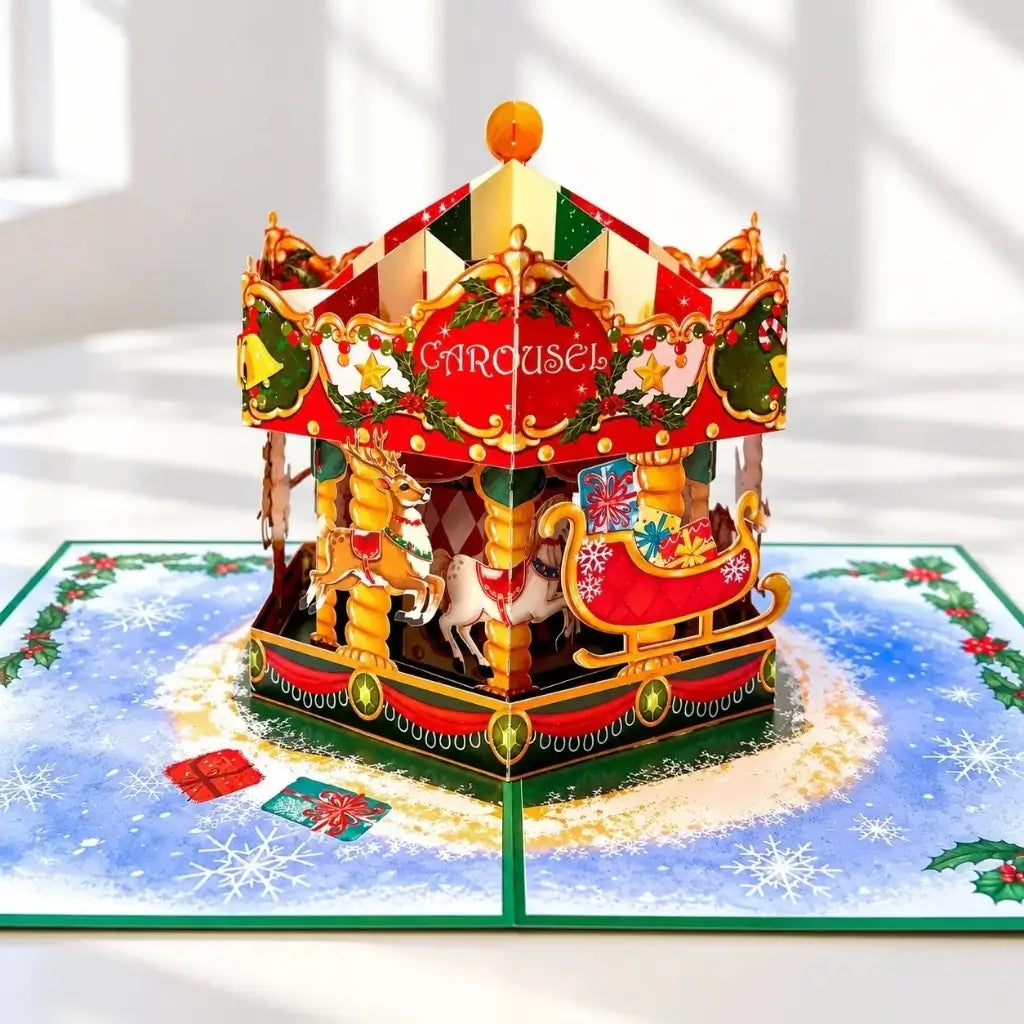 Christmas carousel merry-go-round 3D pop-up greeting card