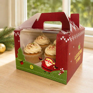Red knitted-style Christmas cupcake carrier holding four cupcakes
