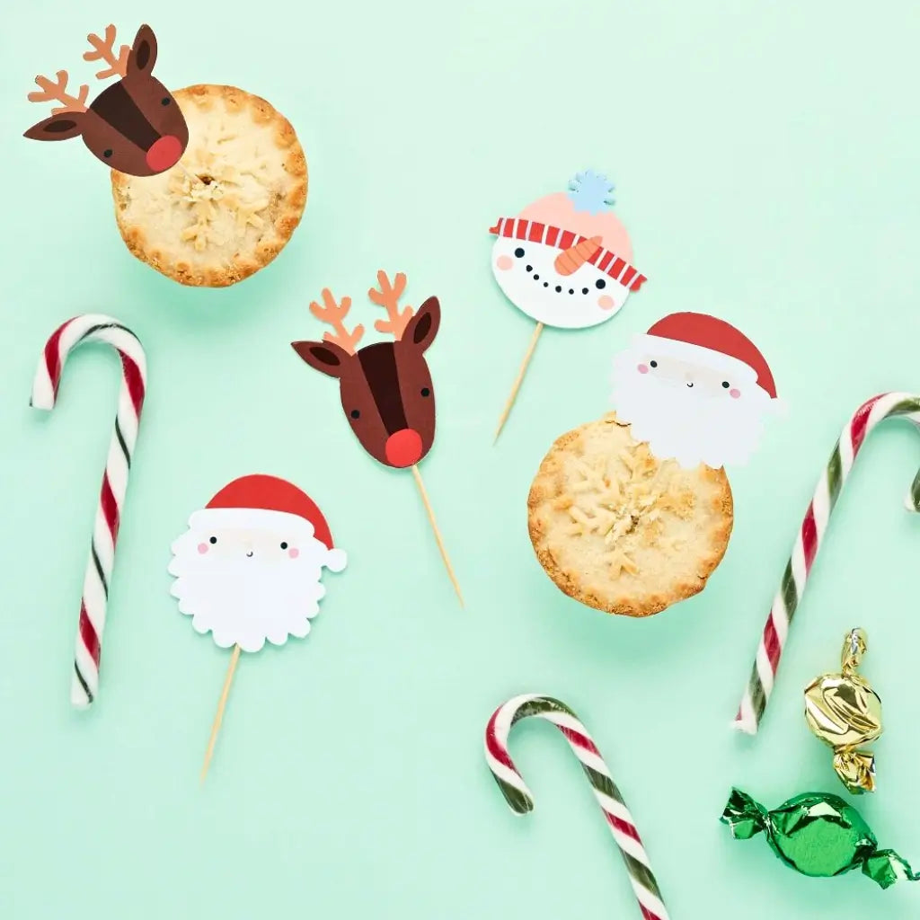Merry Christmas Festive Friends food picks pack of 12 with Santa, Rudolph and Snowman designs