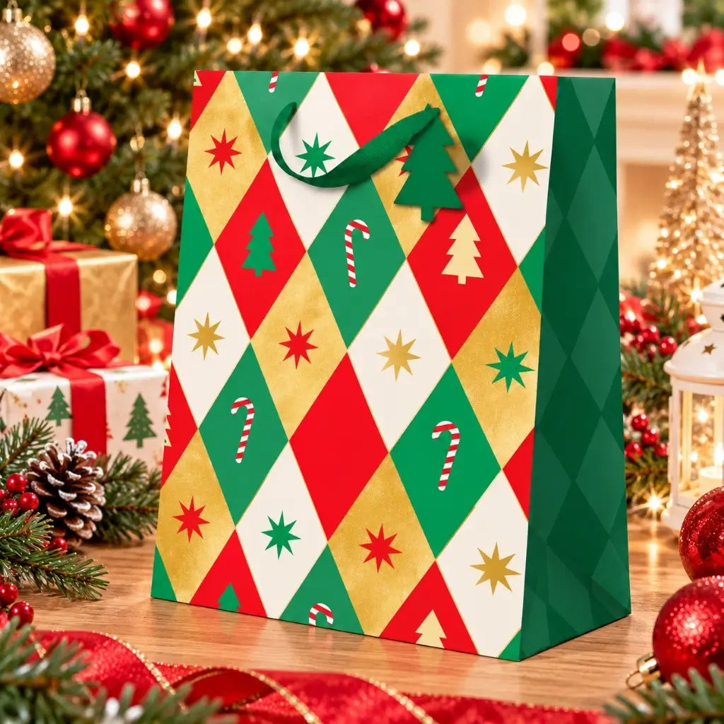 Christmas paper gift bag with a colourful diamond pattern