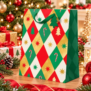 Christmas paper gift bag with a colourful diamond pattern
