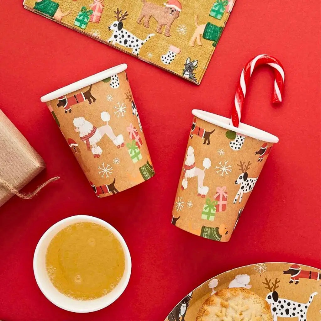 Eco-friendly Christmas cups featuring Santa Paws design for festive parties