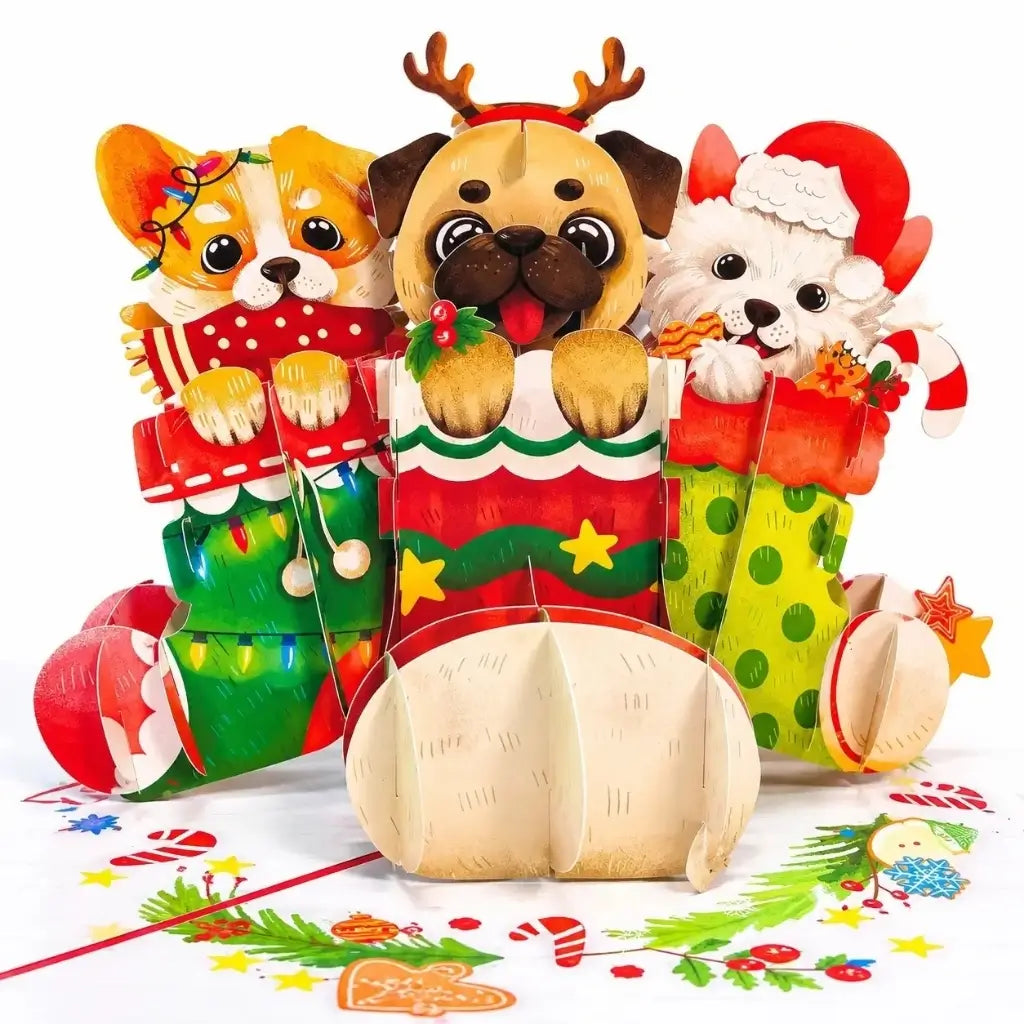Puppies wearing reindeer antlers and a Santa hat in Christmas stockings