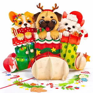 Puppies wearing reindeer antlers and a Santa hat in Christmas stockings