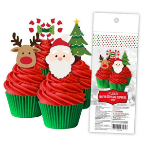 Christmas edible wafer cupcake toppers featuring Santa Claus, reindeer, Christmas tree and candy cane designs for decorating festive cupcakes, cakes and holiday desserts.