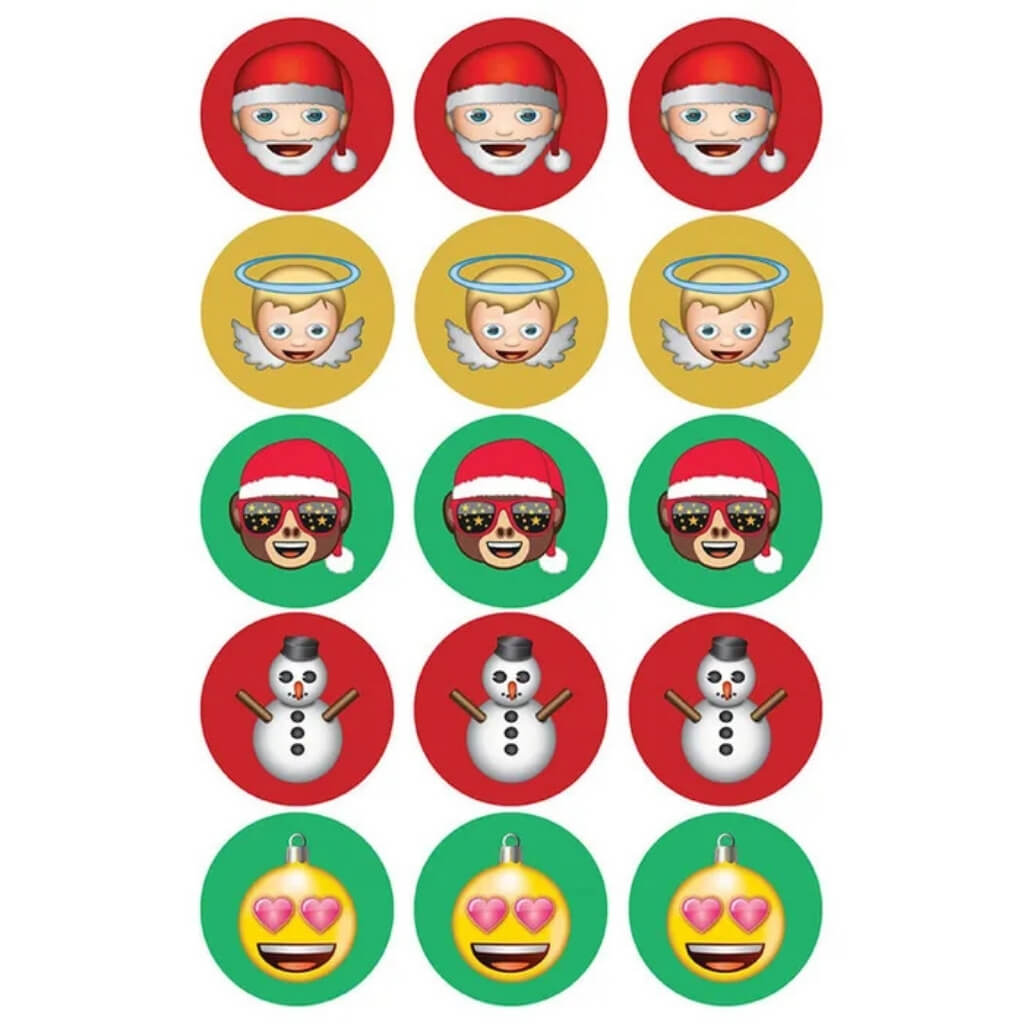 Christmas Emoji edible cupcake toppers featuring Santa, Angel, Snowman and festive emoji designs on a 5cm pre-cut edible wafer paper sheet with 15 cupcake decorations.